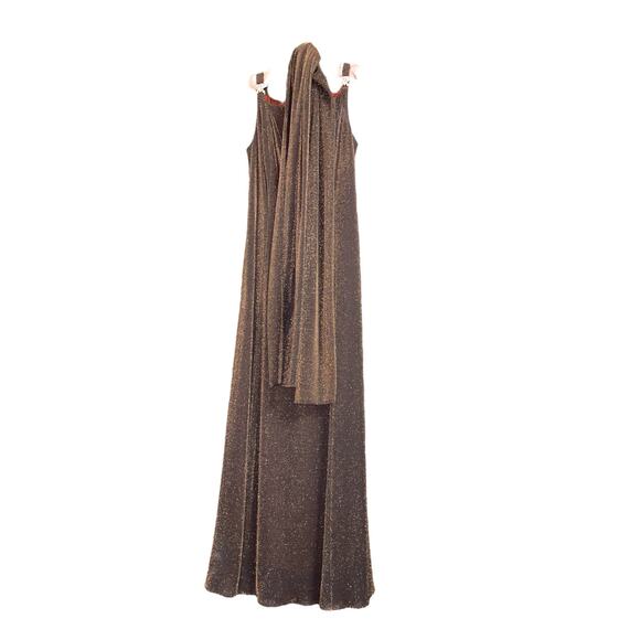 Cache Vintage Bronze Sparkle Square Neckline Party Dress w Scarf 3/4 - Picture 2 of 12